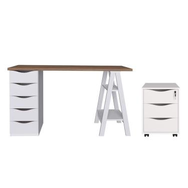 Imagem de Conjunto Escrivaninha E Gaveteiro Leverkusen Nogal Branco