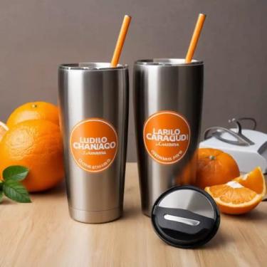 Imagem de Copo Térmico Parede Dupla em Aço Inox Laranja 400ml com Canudo - Estilo Com Logo
