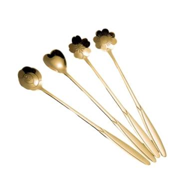 Imagem de IEUDNS Conjunto de 4 colheres de sobremesa com flor para café expresso, sorvete, colher de bolo com cabo longo para cozinha, cafeteria, decoração de casa, Ouro