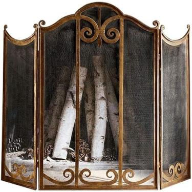 Imagem de Tela De Lareira Grande Tela De Lareira Dourada 3 Painéis Ornamentado Ferro Forjado De Metal Lareira Portão De Pé Malha Decorativa De Aço Sólido Tampa De Proteção Contra Faíscas Ferramentas