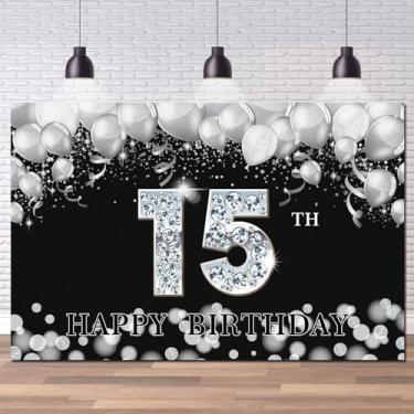 Imagem de Pano de fundo de feliz aniversário de 15 anos, faixa de decoração de aniversário de quinze anos, pano de fundo grande prata preto para meninos e meninas, festa de 15º aniversário, 1,8 x 1,2 m