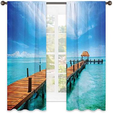 Imagem de Cortina de sombreamento tropical, design de cais de madeira havaiana exótica, tema pastoral de férias de verão, cortinas blackout com absorção de som para decoração de sala de jantar/festa, L 106 x C