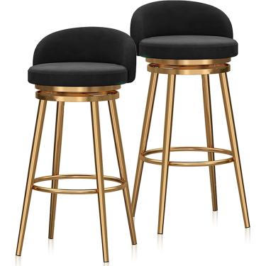 Imagem de Conjunto De 2 Banquetas Giratórias Modernas Estofadas Em Veludo Com Encosto, Apoio Para Os Pés Bancos Redondos Para Casa De Pub, Black, Gold