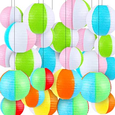 Imagem de 24 peças lanternas penduradas bola de praia festa na piscina, lanternas de papel coloridas, decorações redondas chinesas japonesas multicoloridas para decoração de festa de verão, 30 cm, 20 cm