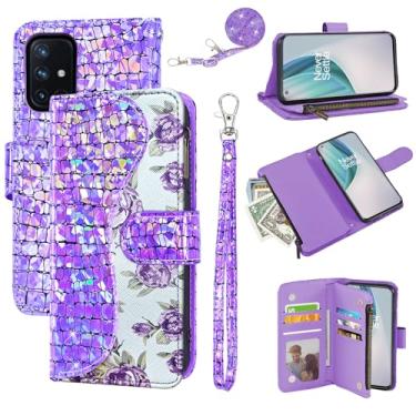 Imagem de Dibosom Capa carteira floral para OnePlus Nord N10 5G com alça de pulso alça de ombro flip zíper bolsa porta-cartões, capa de telefone com glitter para One Plus N 10 G5 1 Plus 10N 1plus One+ 1+ N105G