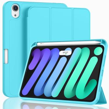 Imagem de ZryXal Capa para iPad mini 7 A17 Pro 2024/iPad Mini 6 2021 8,3 polegadas com suporte para lápis, iPad mini 7ª/6ª geração com parte traseira de TPU macio e hibernar/despertar automático, ciano