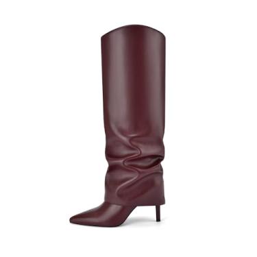Imagem de Vaslemuse Botas femininas dobráveis na altura do joelho salto alto stiletto botas altas despojadas bico fino botas longas sexy moda sapatos sociais com zíper lateral, Vinho tinto, 39