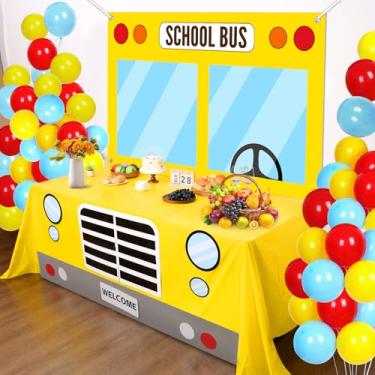 Imagem de 2 peças de pano de fundo grande para festa de ônibus escolar e toalhas de mesa com cartões decorativos, material de festa de aniversário de volta às aulas, tema de ônibus, capa de mesa e faixa para
