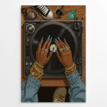 Imagem de Arte de parede hip hop DJ toca-discos urbanos estilo urbano, joia de ouro, disco de vinil, moda Y2K, estampa de mulher negra, decoração de música retrô para amantes de música, estúdio, dormitório