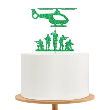 Imagem de Topo de bolo do exército, decoração de bolo de aniversário militar, helicóptero com glitter verde para homens, decoração de festa de aniversário/aniversário com tema de camuflagem