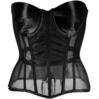Imagem de Mulheres Espartilho Bustiers Com Sutiã Transparente Malha Cintura Cintura Shaper Colete Strapless Push Up Corpetes, Black, 5XL