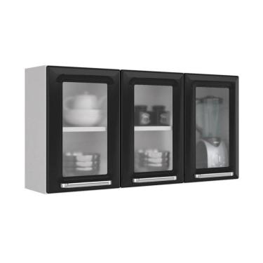 Imagem de Armário De Cozinha Aéreo Luce Preto 3Portas 3Vidros Itatiaia
