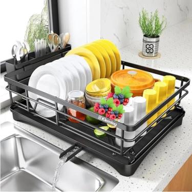 Imagem de KLEMING| Escorredor De Louças Kleming, Preto em aço Carbono Resistente a Ferrugem com Bandeja, Multifuncional com Suporte de Utensílios, Antiderrapante, Preto.