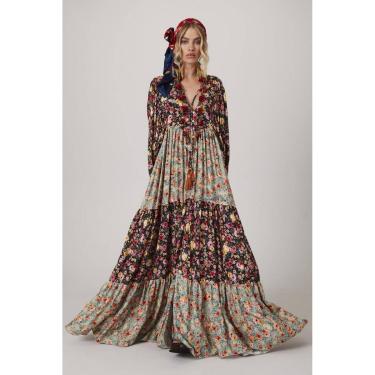 Imagem de Vestido Longo Com Mangas Bufantes Estampado Patchwork Yacamim Q7-Feminino