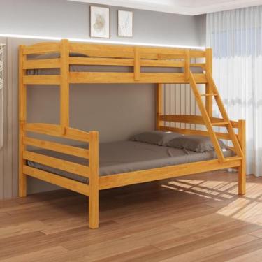 Imagem de Beliche Casal e Solteiro Madeira Maciça Cor Mel com Grade de Proteção 