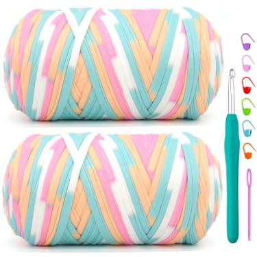 Imagem de Pacote com 2 camisetas para crochê, arco-íris, tecido elástico macio, grosso, grosso, fio de crochê para crochê, tricô iniciante, bolsa de tricô à mão/artesanato faça você mesmo/decoração de casa 2