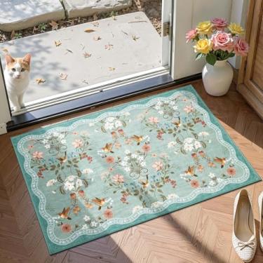 Imagem de jinchan Tapete de entrada floral 2x3 macio lavável tapete de cozinha oriental antiderrapante pequena pilha baixa chinoiserie entrada interna leve tapete de flores para banheiro, entrada, lavanderia