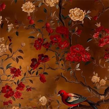 Imagem de REDAMANCY Vintage Vermelho Escuro Amarelo Peônia Floral Pássaro Descasque e Cole Papel de Parede Papel de Parede Vintage Papel de Parede Fácil de Descolar para Criado-mudo Gaveta Gabinete Locatário