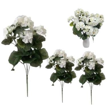 Imagem de 3 peças de gerânios artificiais para atividades ao ar livre 35,5 cm seda ao ar livre flores artificiais resistentes a UV flor dobrável de longa duração para decoração de casamento em casa, branco