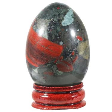 Imagem de Casaper Ovo de pedra de sangue africana natural de 5 cm com suporte de madeira para decoração de casa, estatuetas de Fengshui com esfera de palmeira de cristal polido Reiki curativo