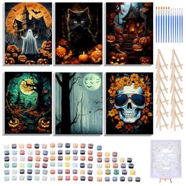 Imagem de Honoson 6 kits de pintura de Halloween por números para adultos 20 x 30 cm, kits de pintura de esqueleto fantasma abóbora para iniciantes com moldura de lona e cavalete pincel de tintas acrílicas para