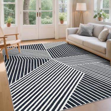 Imagem de COZYLOOM Tapetes modernos para sala de estar, 22 x 30 cm, tapete geométrico listrado para sala de jantar, tapete grande contemporâneo, capa de piso de pelo baixo lavável para quarto, cozinha