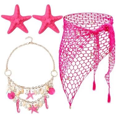 Imagem de Cotwinter 4 peças de fantasia de sereia para cosplay de Halloween feminino, saia de crochê de sereia, colar de estrela do mar, grampo de cabelo, Vermelho rosa, Crochet skirt: approx. 70 inches
