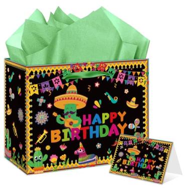 Imagem de EIGHTSTATES Grande bolsa de presente de aniversário mexicana mexicana para presente de aniversário com cartão de felicitações e papel de seda com tema de cacto taco, suprimentos de decoração de