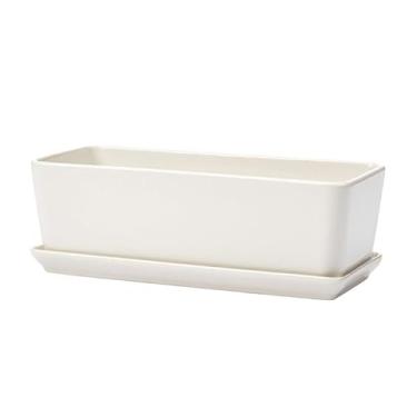 Imagem de Napco Imports Vaso de flores de plantas suculentas para ambientes internos e externos com bandeja 9,5 x 24 cm retangular branco de cerâmica