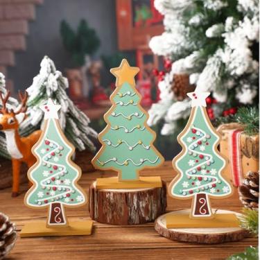 Imagem de Syhood 3 peças de decoração de árvore de doces de Natal pastel decorações de mesa de madeira sinal de pão de gengibre em pé com base para mesa de casa de Natal, mesa central, prateleira de cornija