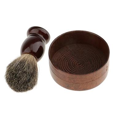 Imagem de Milageto Escova de barbear masculina de madeira com tigela de caneca de barbear, conjunto de copos de sabonete para barba – Tigela de madeira