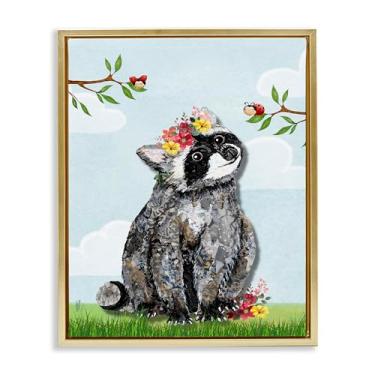 Imagem de Stupell Industries Tela flutuante dourada Baby Raccoon e Lady Bugs Design de arte de parede por Lisa Morales, 53 x 43 cm