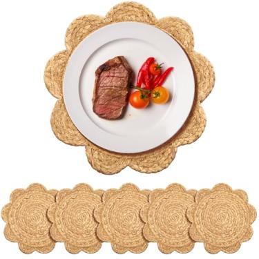 Imagem de Gandeer Conjunto de 6 12 jogos americanos redondos de vime de tecido, tapetes de mesa de vime de borda recortada, tapetes de mesa de palha trançados Boho Farmhouse para decoração de mesa de jantar
