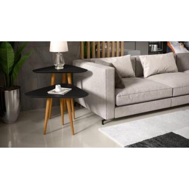 Imagem de Kit 2 Mesas Sala Lateral e Apoio 3 Pontas Luanda Pés Palito cor Preto 