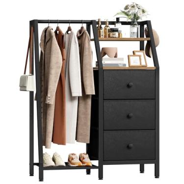 Imagem de YATINEY Cômoda com suporte para pendurar, cômoda reversível com suporte para roupas, 3 gavetas de armazenamento de tecido com prateleira aberta, para quarto, armário, entrada, marrom rústico e preto