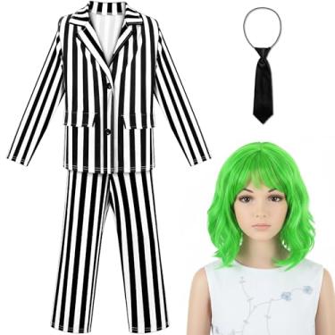 Imagem de Haysandy O terno infantil listrado preto e branco inclui leggings blazer com peruca verde e gravata para o Dia das Bruxas, preto, branco, verde, 4-5 Years