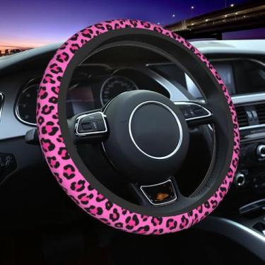 Imagem de Linda capa de volante de leopardo rosa para mulheres - Protetor de roda de carro de tecido respirável antiderrapante (ajuste universal de 36,8 a 38 cm) | Acessórios femininos para carros