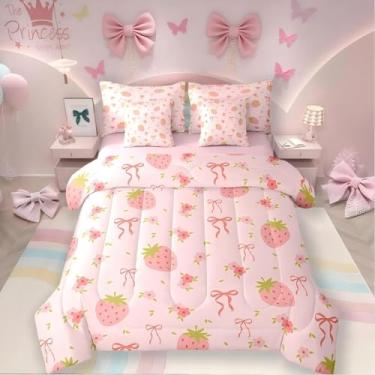 Imagem de Conjunto de cama king size de morango em uma bolsa, conjunto de cama de gravata borboleta rosa, conjunto de lençol e edredom de princesa com laço fofo, flores florais boêmias, rosa, kawaii, decoração