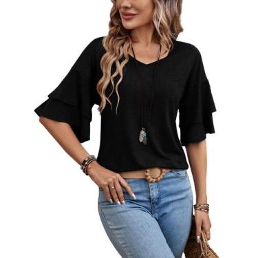 Imagem de Camiseta feminina elegante Sialois, casual, com decote em V, babados