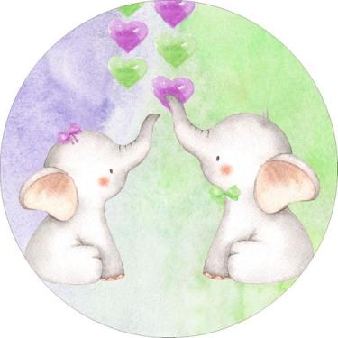 Imagem de Painel de Lona Redondo Elefantinhos Corações Aquarela Cute - Fabrika d