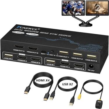 Imagem de TCNEWCL KVM Switch 2 Monitores 2 Computadores, 4K @60Hz Dual Monitor KVM Switch para 2 PC Share 2 Monitores 3 Hub USB 2.0, Suporta Modo Estendido/Cópia com 4 Cabos HDMI + 2 Cabos USB e Controlador de
