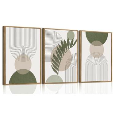 Imagem de Bwodke Arte de parede boho, arte de parede abstrata emoldurada, decoração de parede em tela verde sálvia, imagens geométricas de folhas de linha de meados do século, conjunto de 3, pinturas
