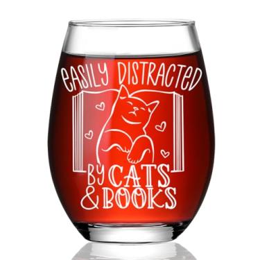 Imagem de Ymzkpoa Presentes de taça de vinho para mulheres, facilmente distraídos por gatos de livros, presentes de clube do livro para amantes de livros, bibliotecários, amigos, presente de aniversário para