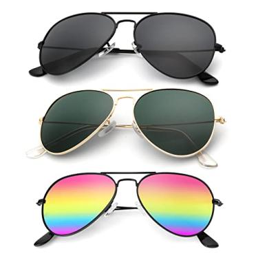 Imagem de KALIYADI Óculos De Sol Aviador Polarizados Para Homens E Mulheres, Metal Com Bloqueio Uv, Pacote 3 (Preto/Verde-Escuro/Arco-Íris, 58 Mm)