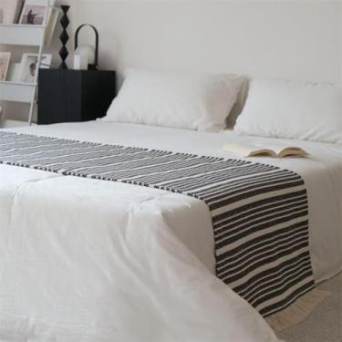Imagem de Lenço de cama de hotel, linho, algodão, mistura de cama, toalha de cama jacquard decoração de cama com borla, preto listrado, colcha, proteção para cama de solteiro, queen king, tamanho preto||70 x
