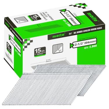 Imagem de meite Pregos de acabamento angular tipo DA64 15G/64 mm, calibre 15, pregos de acabamento angular galvanizado de 34 graus para pistolas de pregos - Ideal para trabalhos em madeira, estofados e projetos
