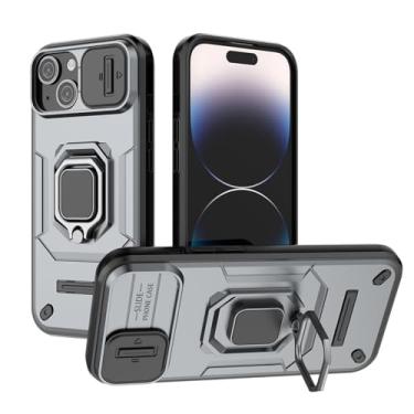 Imagem de SORAKA Capa para iPhone 15 Plus com suporte de anel e capa de câmera deslizante para iPhone 15 Plus com placa de metal para suporte magnético de carro, capa protetora de camada dupla em policarbonato