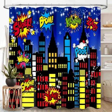 Imagem de Cortina de chuveiro de super-herói para banheiro, azul cômico, horizonte estrelado, paisagem urbana, edifícios, desenho animado, crianças, adolescentes, tecido impermeável, conjunto com ganchos, 183