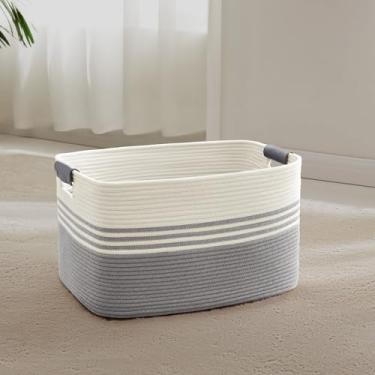 Imagem de SunNewt Cesto de lavanderia pequeno de 45 L com alças de couro para armazenamento na sala de estar, cesto de cestas de corda tecida para cobertor, brinquedo infantil, presentes, cesto de vime para