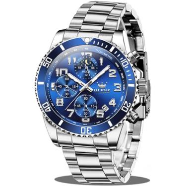 Imagem de OLEVS Relógios masculinos de aço inoxidável, à prova d'água, analógicos, quartzo, modernos, negócios, relógios de pulso para homens.., G2926-prata-azul, round, Relógio executivo